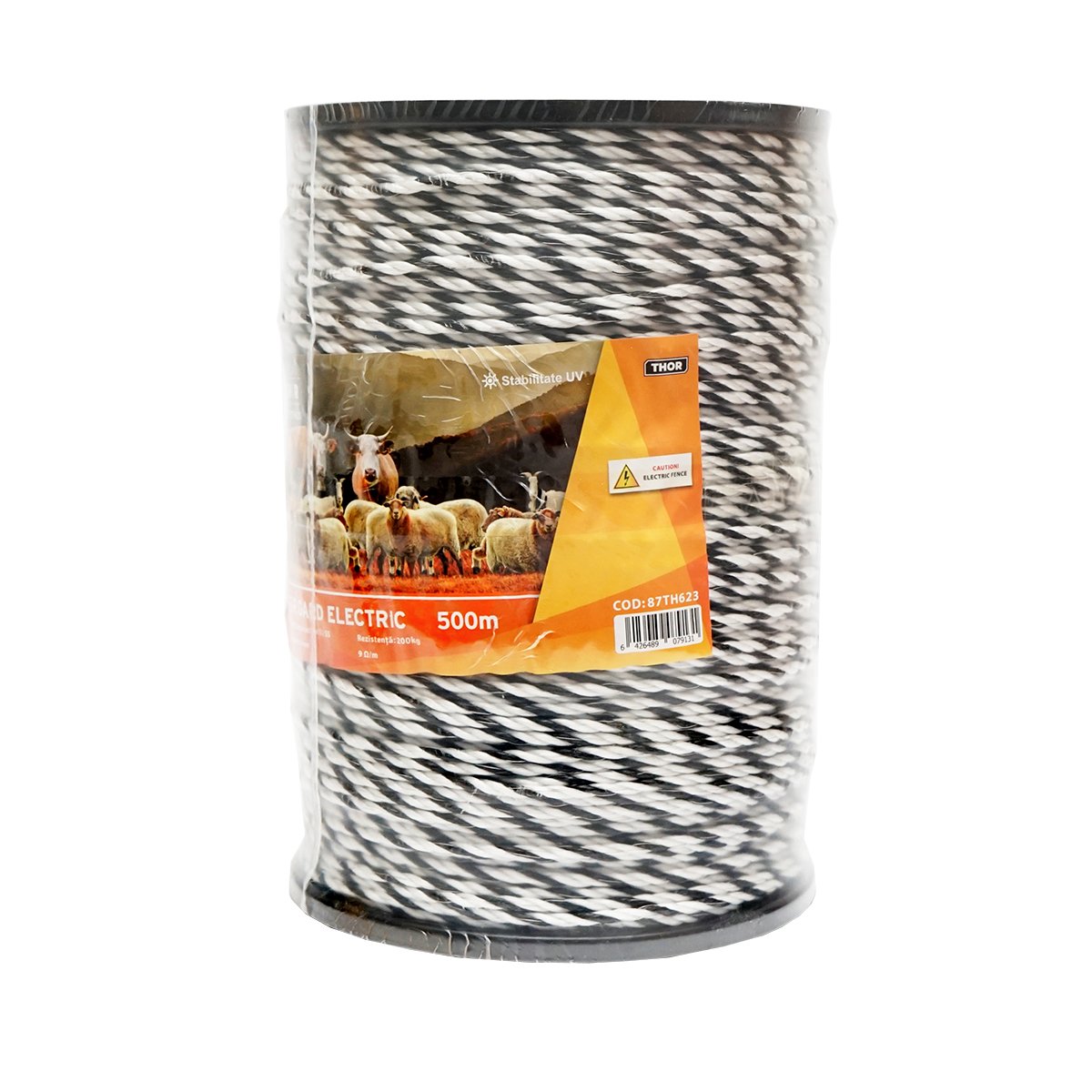 Rola fir alb-negru fi 4mm insertie metalica 3x0.2mm SS, rezistenta 9 Ohm/m, 500m gard electric Thor